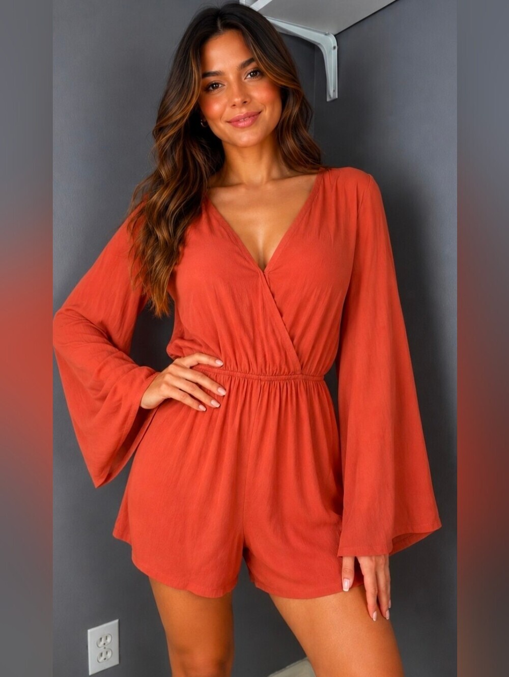 Rust Orange V-Neck Bell Sleeve Romper